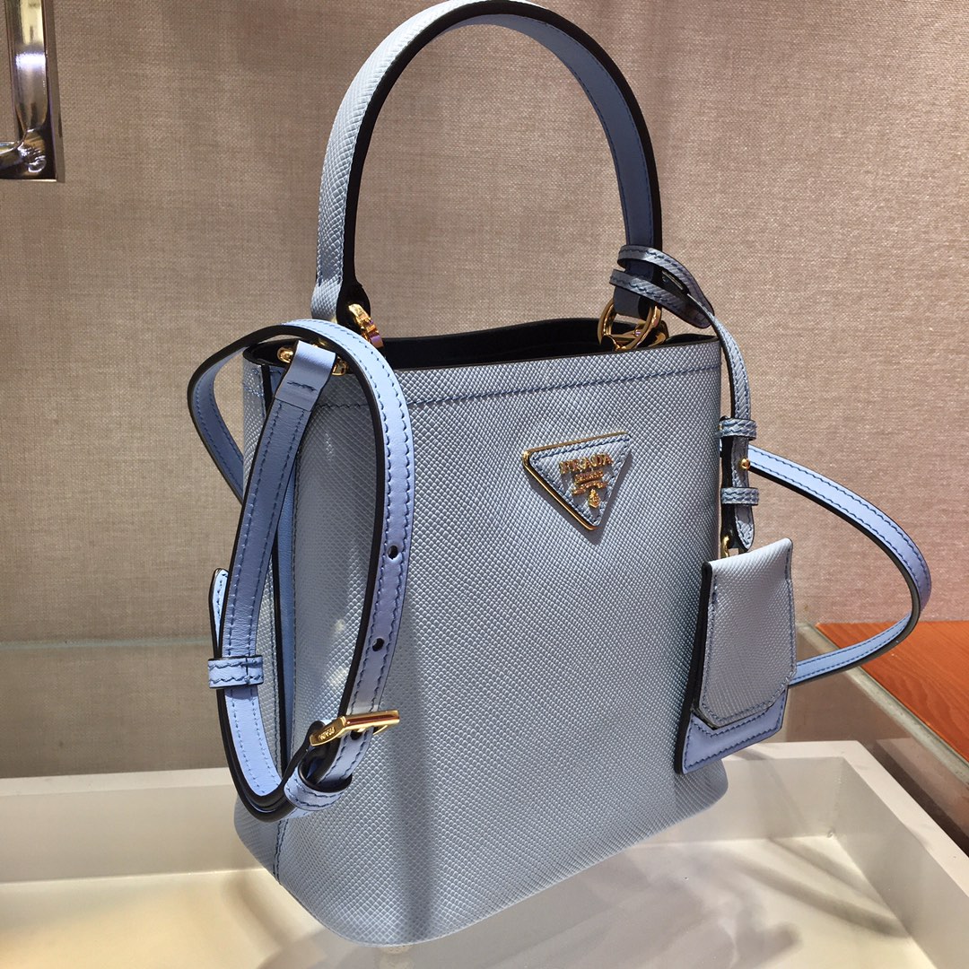 Prada Small Saffiano Leather Panier Bag Light Blue/Black 1BA217